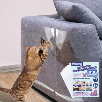 Anti Cat Scratch Furniture Protector-12 Pack Single Side Couch Protector for Cats, Self-Adhesive Cat Tape for Furniture, Clear Cat Scratch Deterrent for Furniture Door Walls (12P+52 Pins)