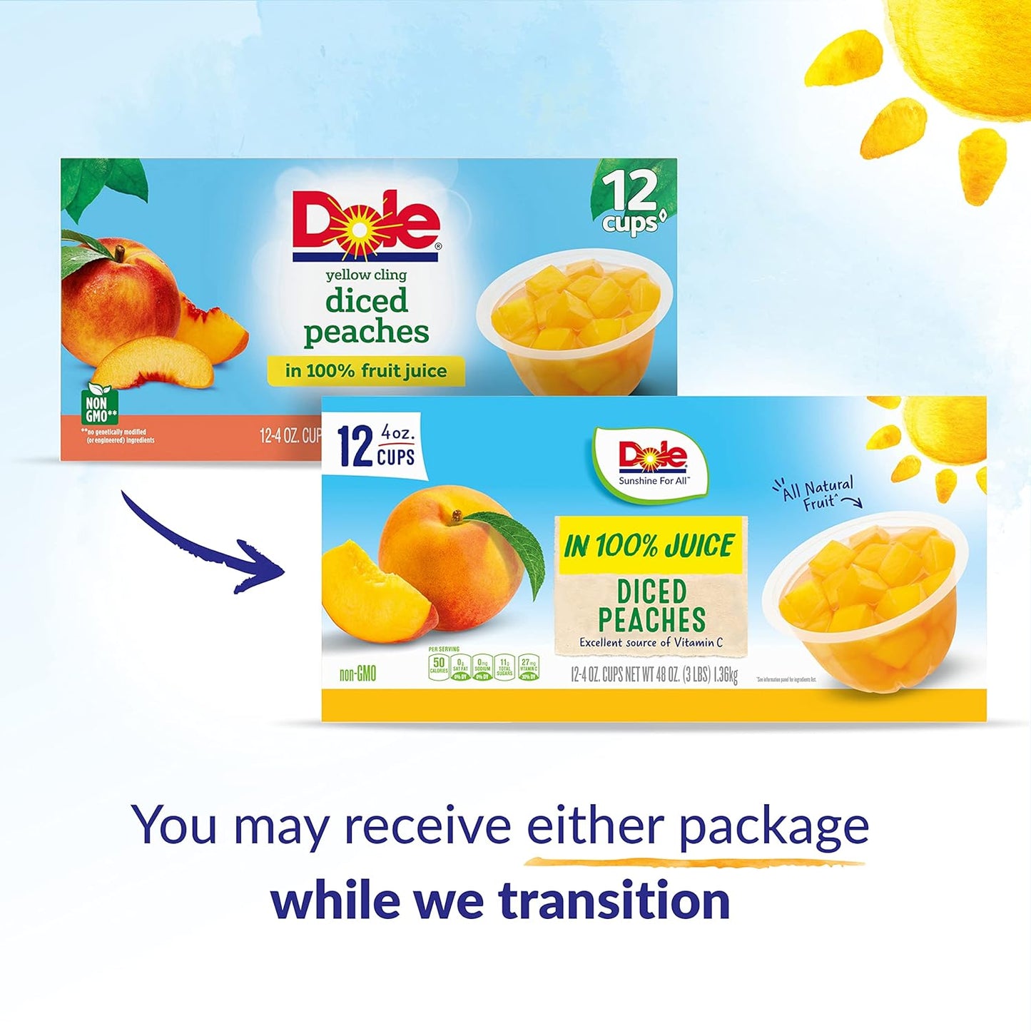 Dole Fruit Bowls Diced Peaches in 100% Juice Snacks, 4oz 12 Total Cups, Gluten & Dairy Free, Bulk Lunch Snacks for Kids & Adults