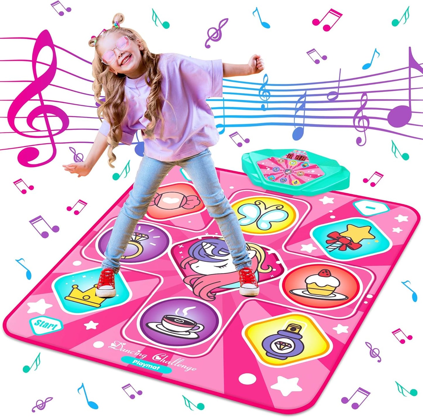 Unicorn Dance Mat, Dance Mixer Rhythm Step Play Mat, Pink Dance Pad with LED Lights, Adjustable Volume, Built-in Music, 5 Game Modes, Xmas B-Day Gifts for 3-12 Years Old Girls Toys