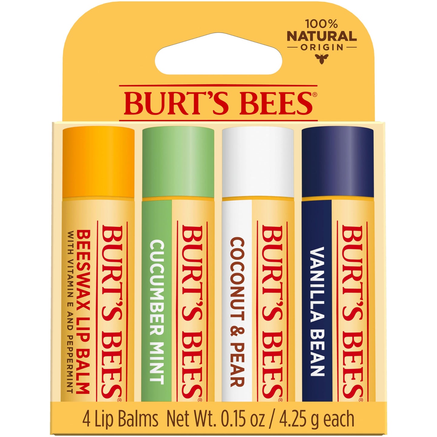 Burt's Bees Lip Balm - Pink Grapefruit, Mango, Coconut & Pear, and Pomegranate Pack, Lip Moisturizer With Beeswax, Tint-Free, Natural Origin Conditioning Lip Treatment, 4 Tubes, 0.15 oz.