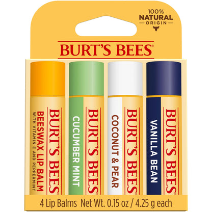 Burt's Bees Lip Balm - Pink Grapefruit, Mango, Coconut & Pear, and Pomegranate Pack, Lip Moisturizer With Beeswax, Tint-Free, Natural Origin Conditioning Lip Treatment, 4 Tubes, 0.15 oz.