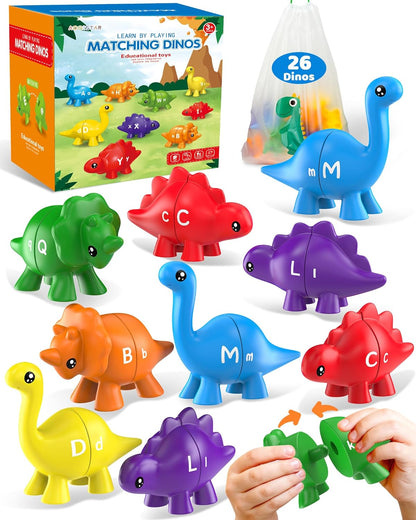 26PCS Dinosaur Alphabet Learning Toys for Toddlers 2-4, Montessori Educational Toys Gifts for 2 3 4 Year Old Boys Girls, Double Sided ABC Dinosaur Matching Game, Preschool Fine Motor Toys for Kids 3-5