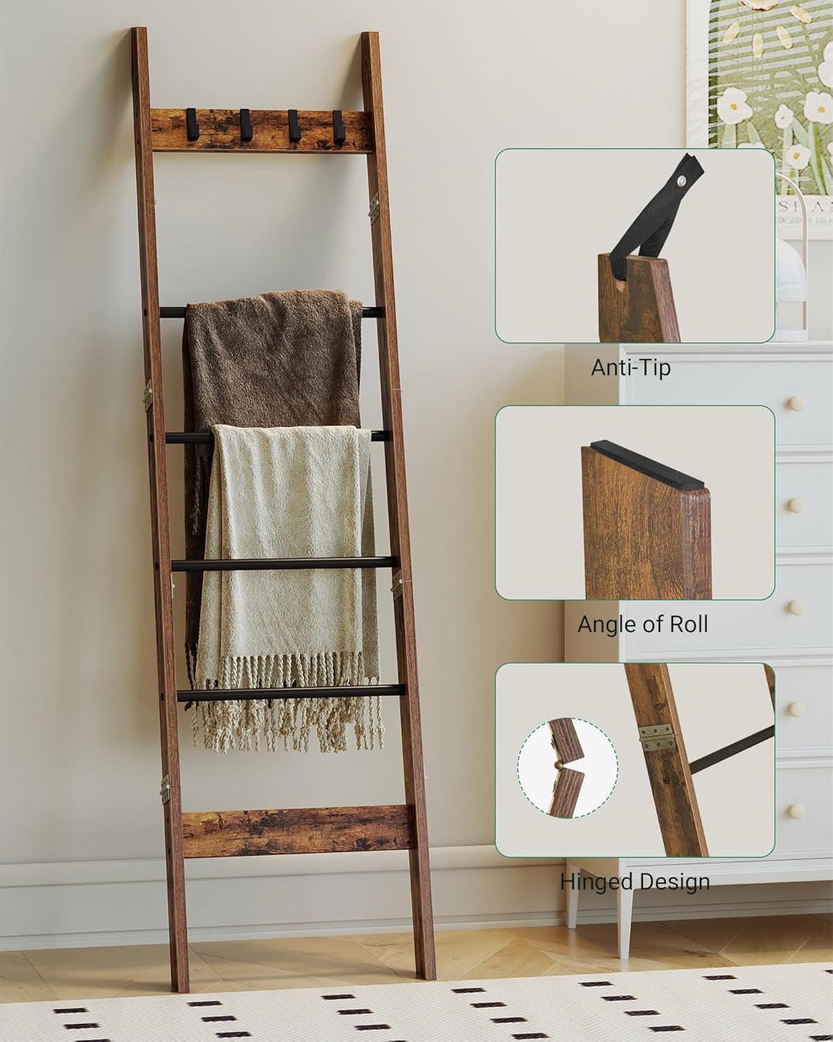 Blanket Ladder Shelf for Living Room, Decorative Quilt Rack with 4 Removable Hooks, 6-Tier Farmhouse Ladder Holder Organizer for Bedroom, Rustic Brown and Black BR31501B