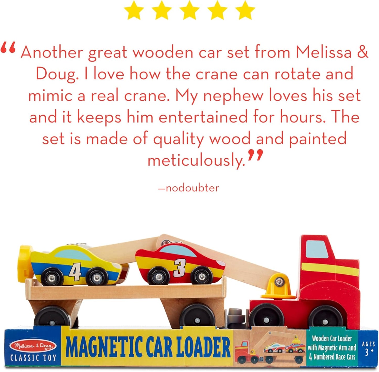 Melissa & Doug Magnetic Car Loader Wooden Toy Set With 4 Cars and 1 Semi-Trailer Truck