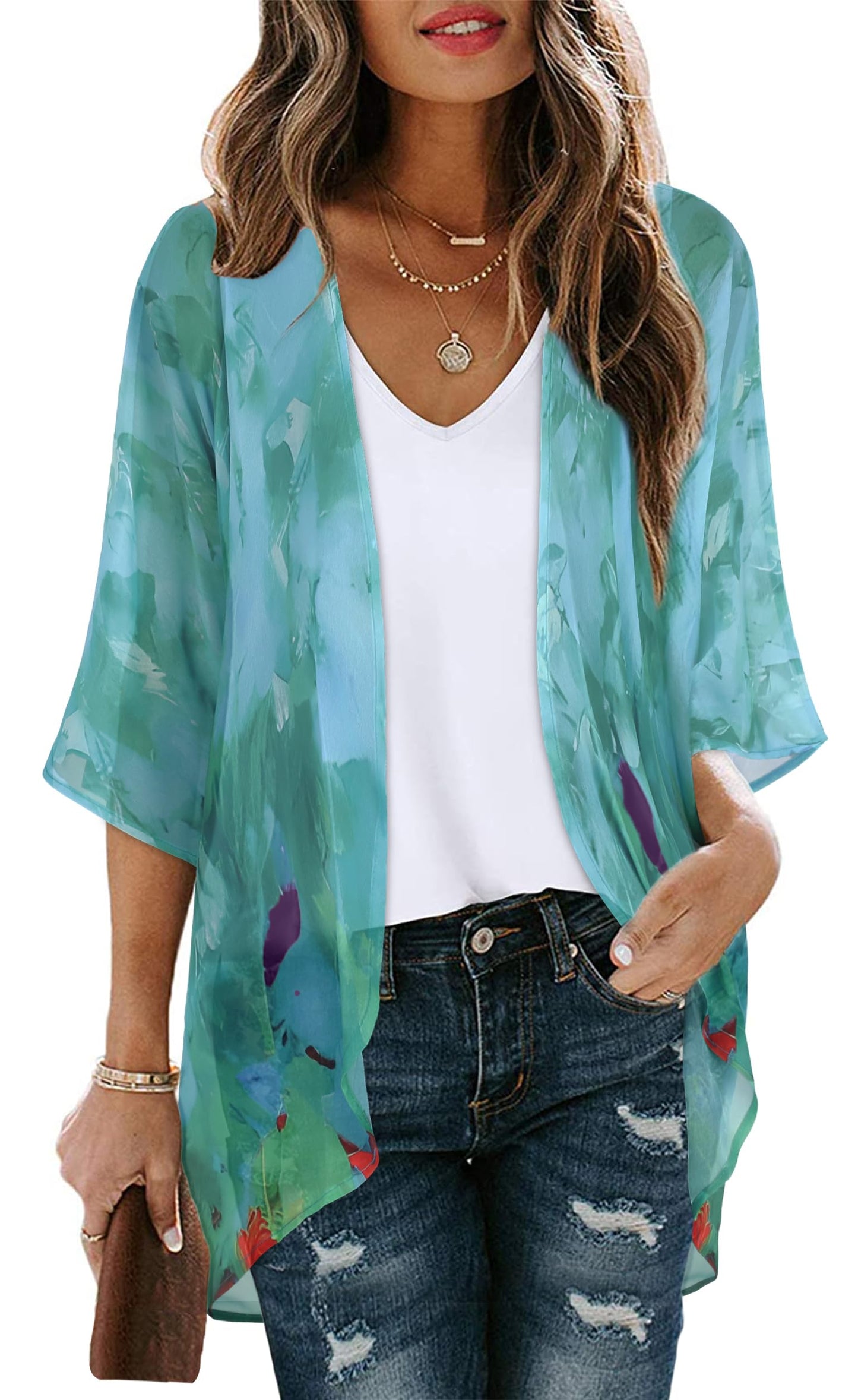 Women's Floral Print Puff Sleeve Kimono Cardigan Loose Cover Up Casual Blouse Tops