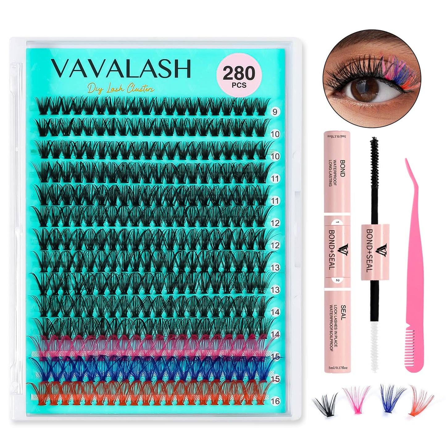 VAVALASH DIY Lash Extension Kit 280 Clusters Individual Lashes Kit 30D 40D 0.07D-10-16mm Lash Clusters, Lash Bond and Seal, Lash Tweezer for DIY Eyelash Extension at Home（Kit-30D+40D-0.07D-10-16MIX）