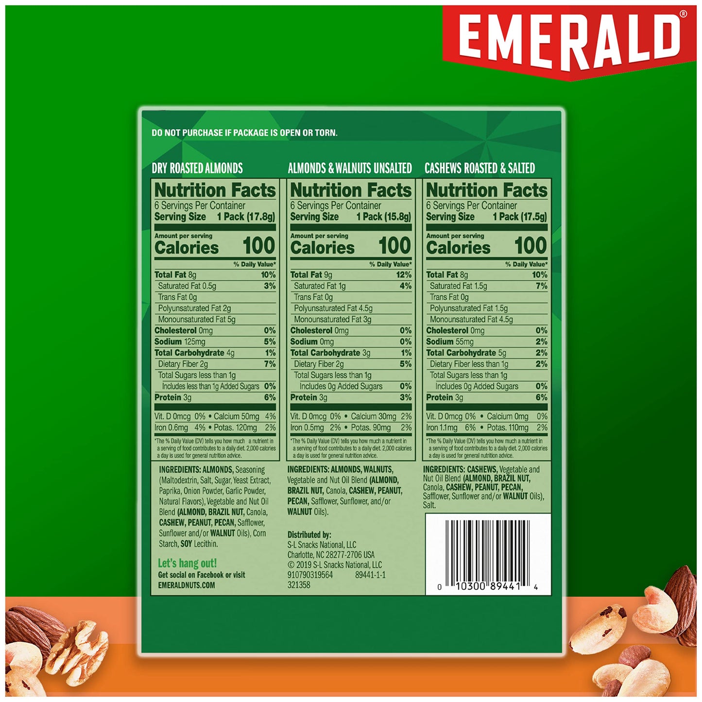 Emerald Nuts Mixed Nuts Variety Pack 18ct (1-Pack) , 100-Calorie Individual Packs , Features Dry Roasted Almonds, Natural Almonds & Walnuts, and Roasted & Salted Cashews