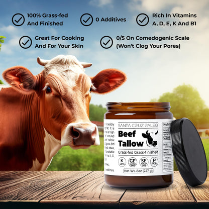 Santa Cruz Paleo Beef Tallow, 100% Grass Fed and Grass Finished, Gluten Free, Keto, Sugar Free, Paleo, With Bioavailable Vitamins B1, A, D E, and K, and Fatty Acids, 8 Oz Jar