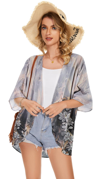 Women's Floral Print Puff Sleeve Kimono Cardigan Loose Cover Up Casual Blouse Tops