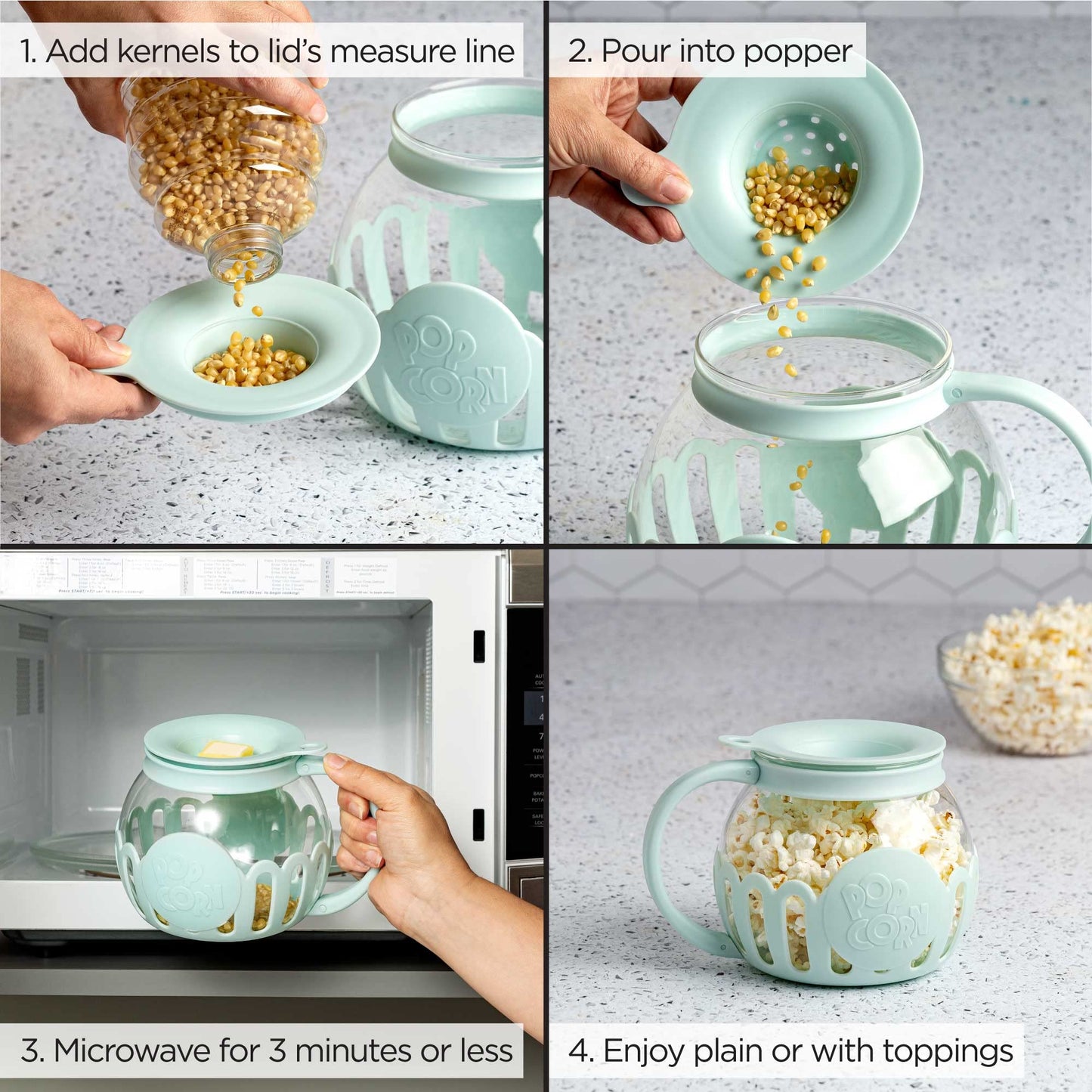 Ecolution Patented Micro-Pop Microwave Popcorn Popper with Temperature Safe Glass, 3-in-1 Lid Measures Kernels and Melts Butter, Made Without BPA, Dishwasher Safe, 3-Quart, Aqua