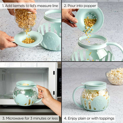 Ecolution Patented Micro-Pop Microwave Popcorn Popper with Temperature Safe Glass, 3-in-1 Lid Measures Kernels and Melts Butter, Made Without BPA, Dishwasher Safe, 3-Quart, Aqua