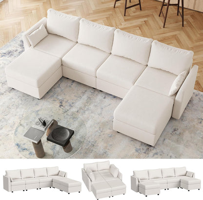 Modular Sectional Sofa with Storage, Convertible 6 Seat Sectional Couches for Living Room, U Shaped Sectional Sofa with Chaise, Comfy Sectional Sleeper Sofa, High Supportive Sponge-Beige