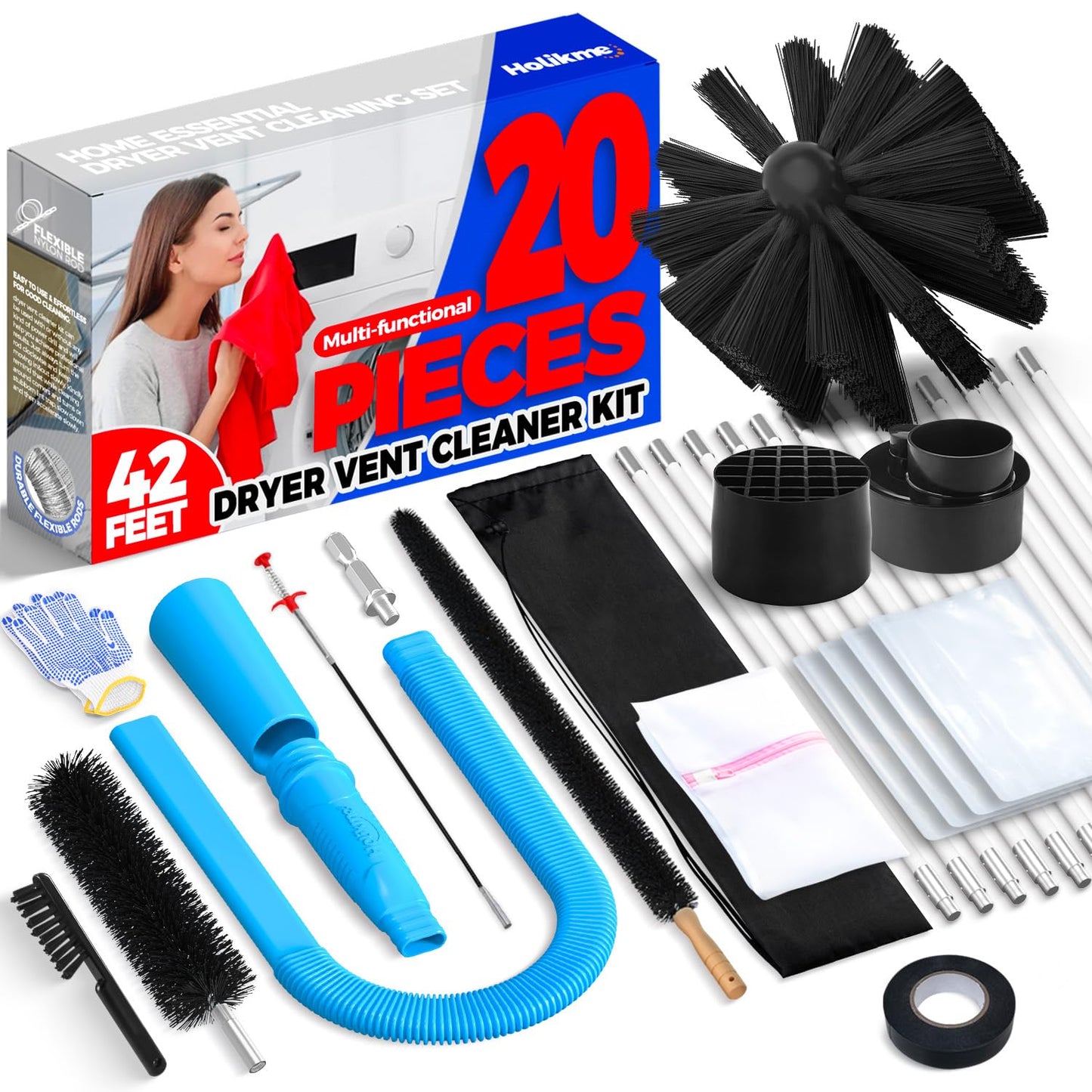 Holikme Dryer Vent Cleaner Kit 42 Feet Dryer Cleaning Tools, Include Dryer Vent Brush, Omnidirectional Blue Dryer Lint Vacuum Attachment, Dryer Lint Trap Brush, Vacuum & Dryer Adapters