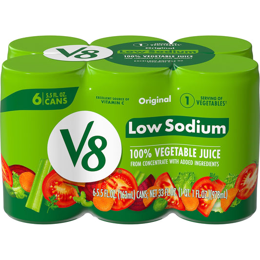 V8 Low Sodium Original 100% Vegetable Juice, 5.5 fl oz Can (Pack of 6)