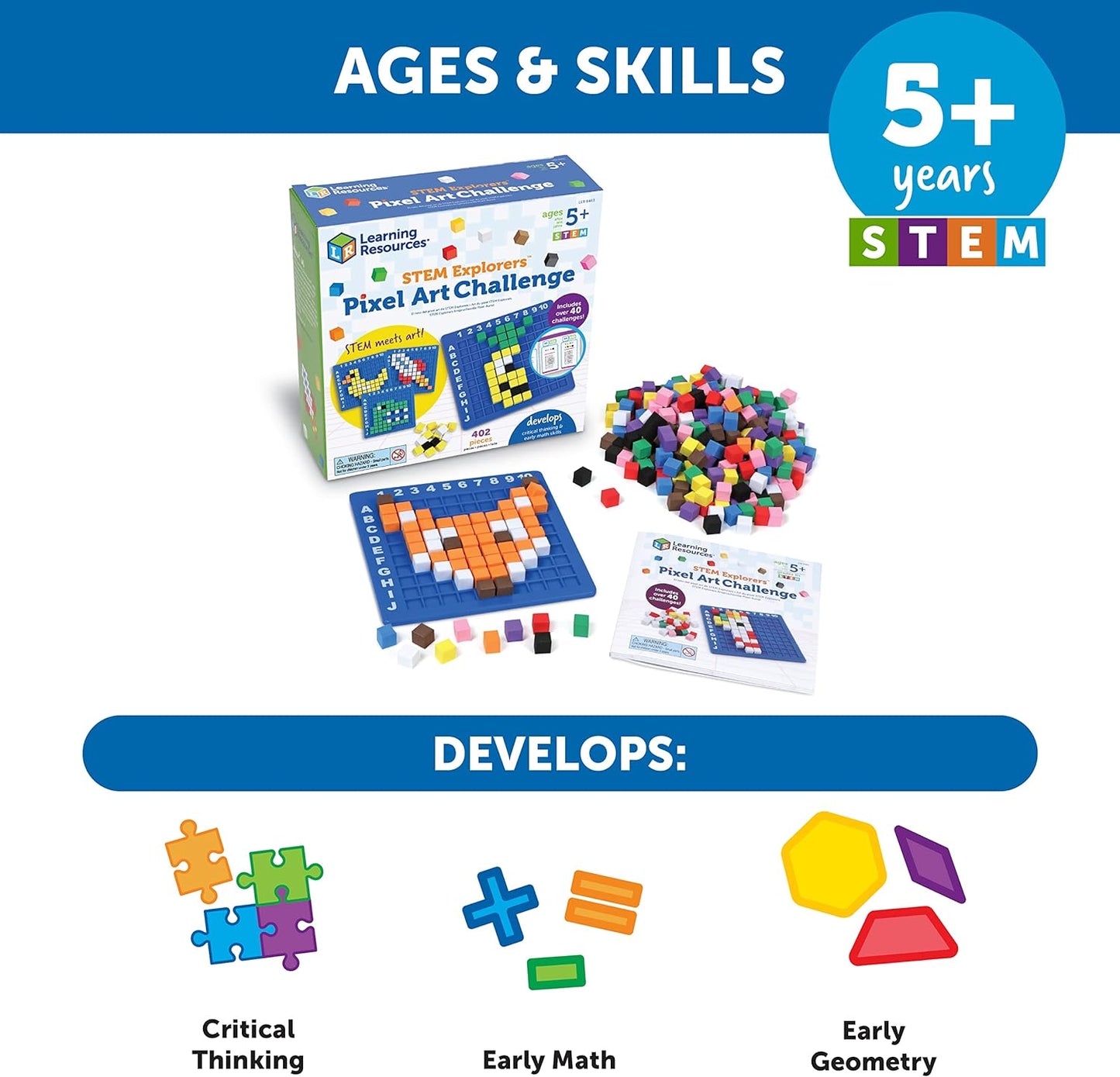 Learning Resources STEM Explorers Pixel Art Challenge, 402 Pieces, Ages 5+, STEM Toys For Kids, Coding Basics For Kids, STEM Activities For Classroom, Medium