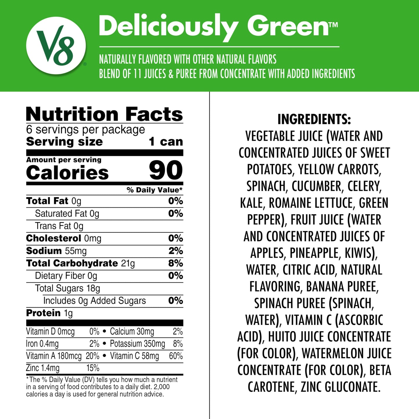 V8 Deliciously Green 100% Fruit and Vegetable Juice, 8 fl oz Can (6 Pack)