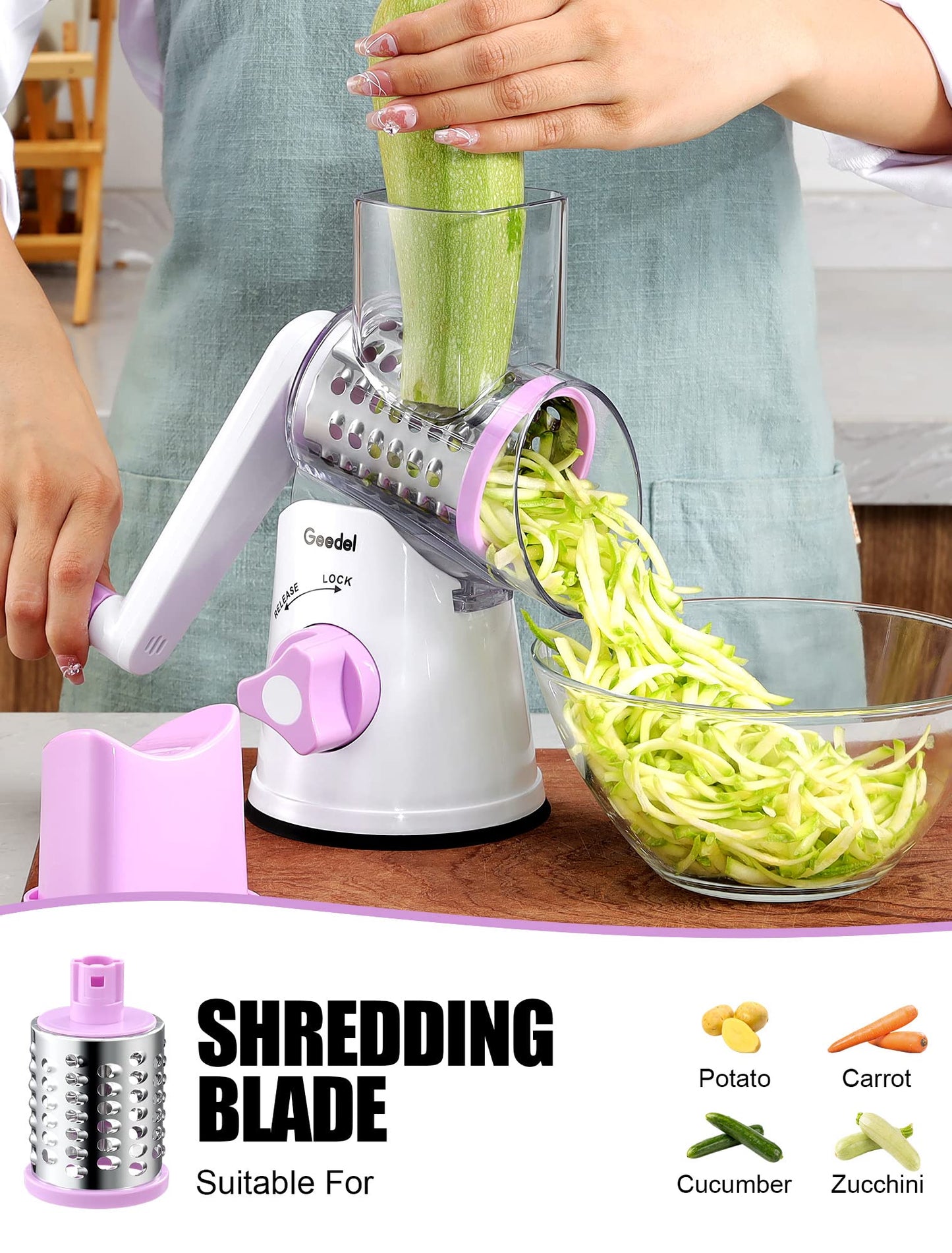 Geedel Rotary Cheese Grater, Kitchen Mandoline Vegetable Slicer with 3 Interchangeable Blades, Easy to Clean Grater for Fruit, Vegetables, Nuts