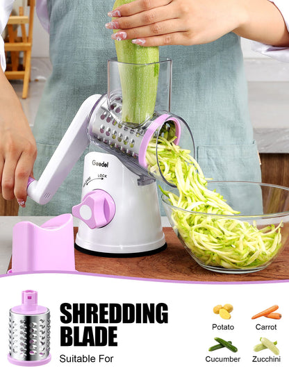 Geedel Rotary Cheese Grater, Kitchen Mandoline Vegetable Slicer with 3 Interchangeable Blades, Easy to Clean Grater for Fruit, Vegetables, Nuts