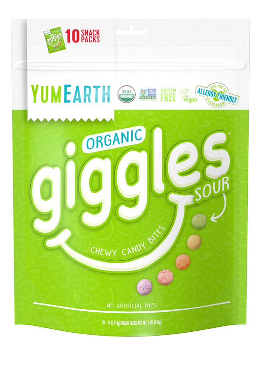 YumEarth Organic Sour Giggles Chewy Candy - Allergy Friendly (Top 9 Free), No Artificial Dyes or Flavors, Non GMO, Gluten Free, Vegan - Individually Wrapped Sour Snack Packs - 0.5 Ounce (Pack of 10)