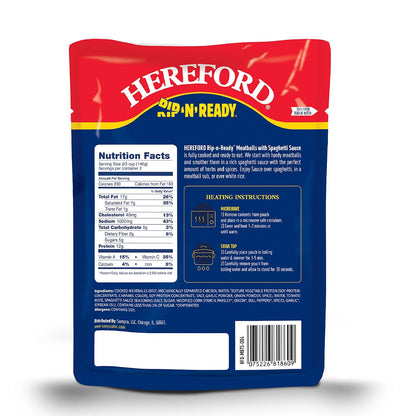 Hereford Meatballs with Spaghetti Sauce | Shelf Stable | Fully Cooked | Ready to Eat | 12g Protein per Serving | 10oz per Pouch (Case of 12)