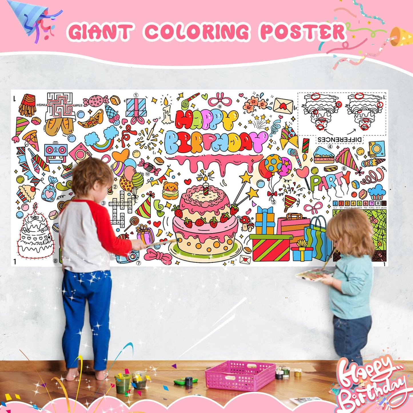 PADTIC Giant Coloring Poster,30x72Inch Happy Birthday Drawing Paper Coloring Tablecloth,DIY Birthday Activity Poster Table Cover,Kids Art Crafts Coloring Mat,Home Classroom Birthday Party Suppiles