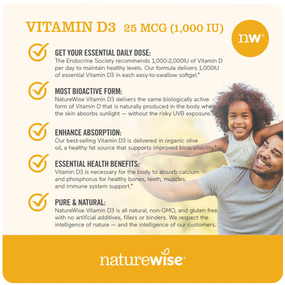 NatureWise Vitamin D3 1000iu (25 mcg) 1 Month Supply for Healthy Muscle Function, Bone Health and Immune Support, Non-GMO, Gluten Free in Cold-Pressed Olive Oil, Packaging May V, 30 Count