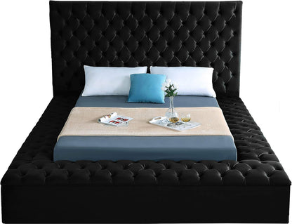 Meridian Furniture Bliss Collection Modern | Contemporary Velvet Upholstered Bed with Deep Button Tufting and Storage Compartments in Rails and Footboard, Black, King