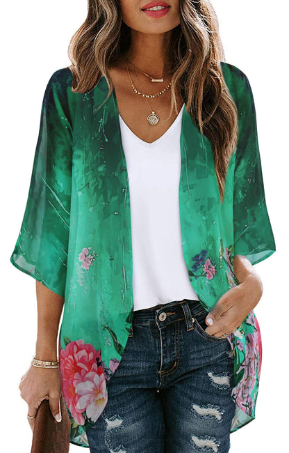 Women's Floral Print Puff Sleeve Kimono Cardigan Loose Cover Up Casual Blouse Tops