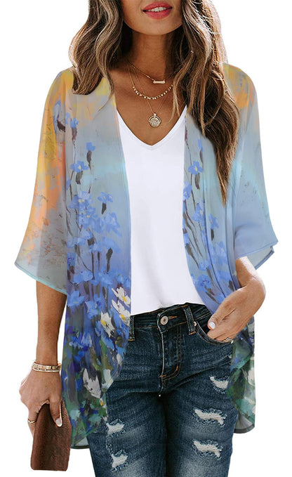 Women's Floral Print Puff Sleeve Kimono Cardigan Loose Cover Up Casual Blouse Tops