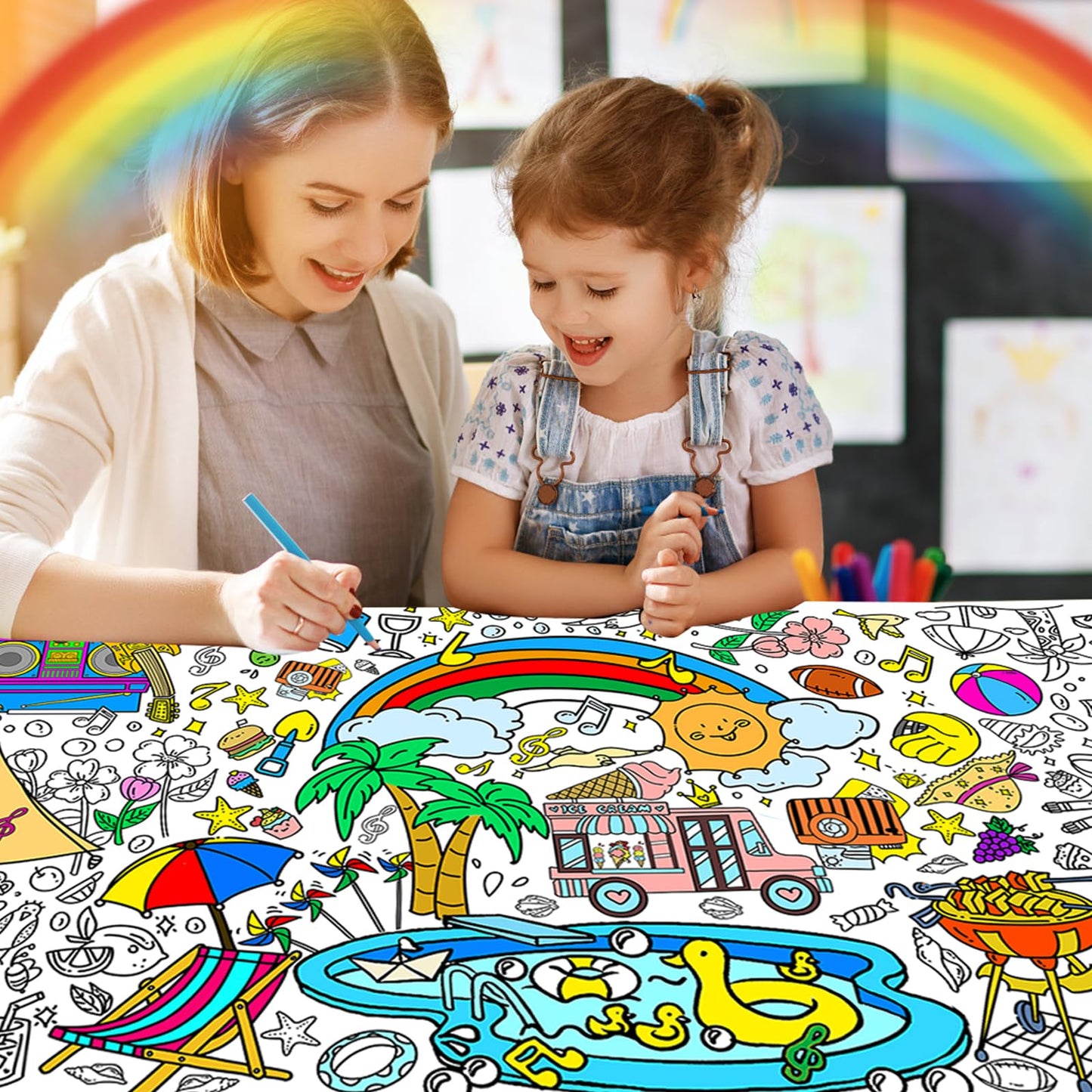 PADTIC Giant Coloring Poster,30x72Inch Happy Birthday Drawing Paper Coloring Tablecloth,DIY Birthday Activity Poster Table Cover,Kids Art Crafts Coloring Mat,Home Classroom Birthday Party Suppiles