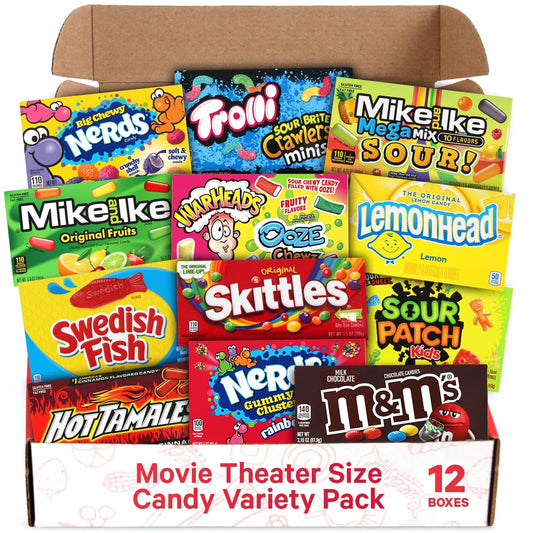 Movie Theater Candy Variety Pack - Candy Box of Skittles, M&Ms Milk Chocolate, SourPatch Swedish Fish, Trolli Sour Brits Mini, Gummies and More,12 Count