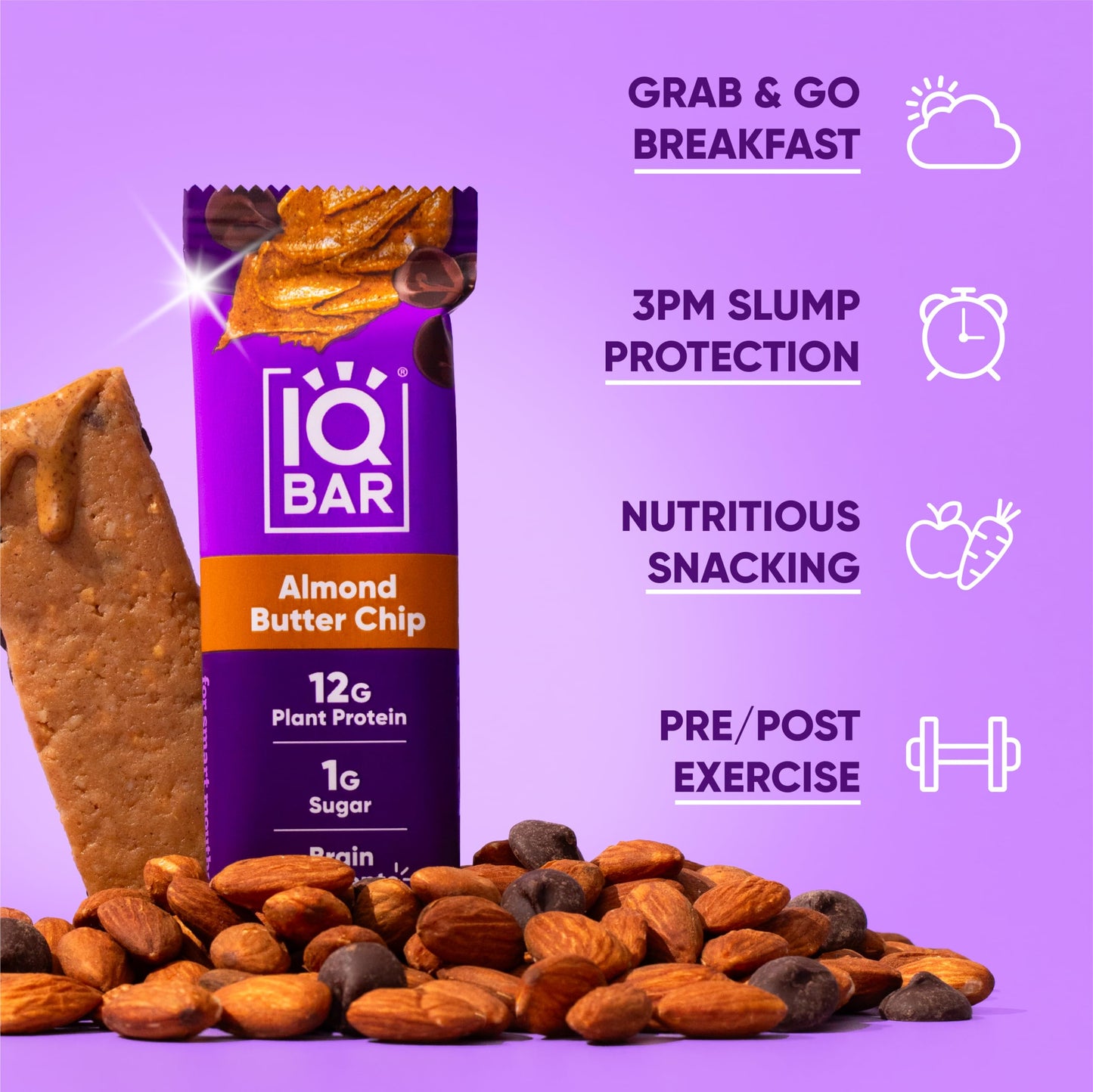 IQBAR Brain and Body Plant Protein Bars - Almond Butter Chip - 12 Count, Low Carb, High Fiber, Gluten Free, Vegan Snacks - Low Sugar Keto Energy Bars