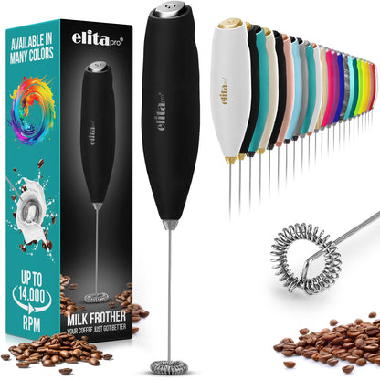 ElitaPro Powerful Milk Frother Wand - 2 in 1 Handheld Coffee Frother and Egg Beater - Mini Foam Maker With Stand - Whisk Drink Mixer & Foamer for Coffee, Latte, Matcha, Hot Chocolate (Exec Black)