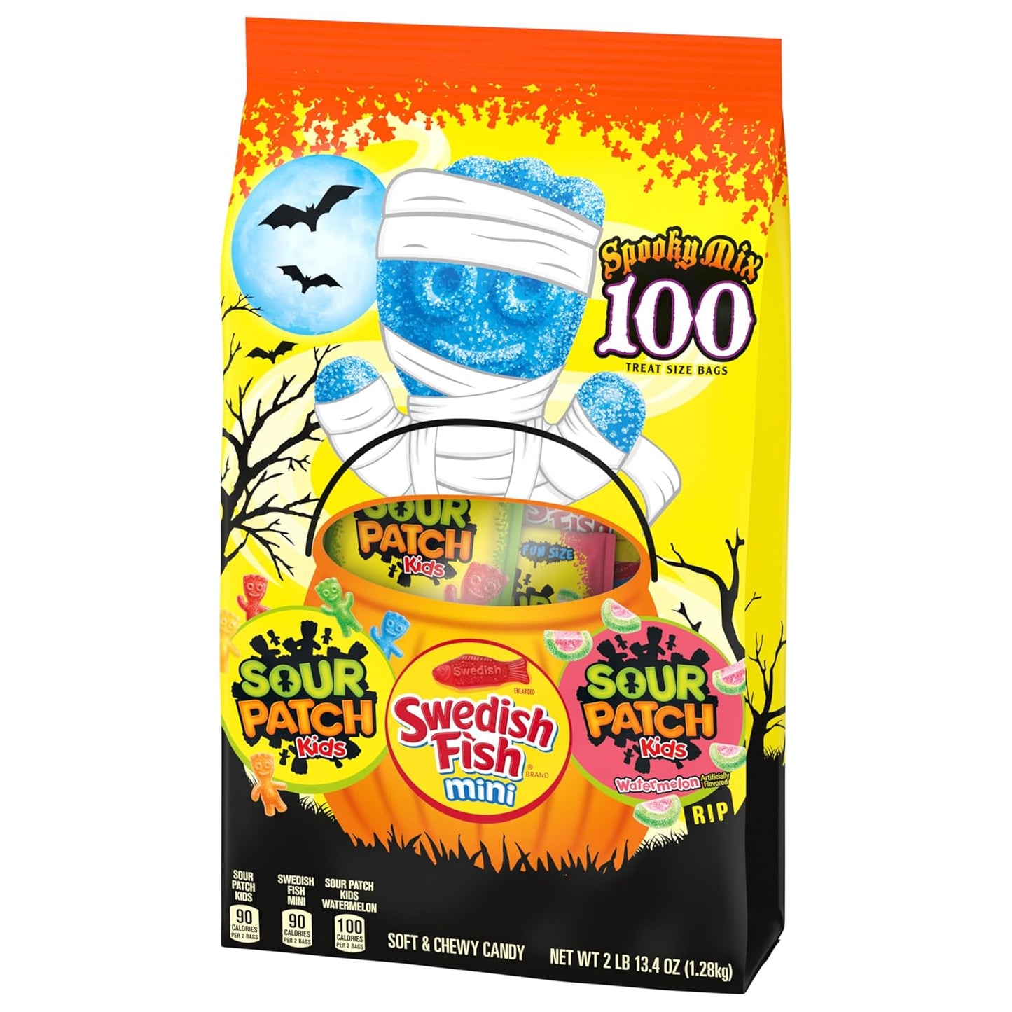 SOUR PATCH KIDS & SWEDISH FISH Mini Halloween Candy Variety Pack, Bulk Candy, 100 Trick or Treat Bags