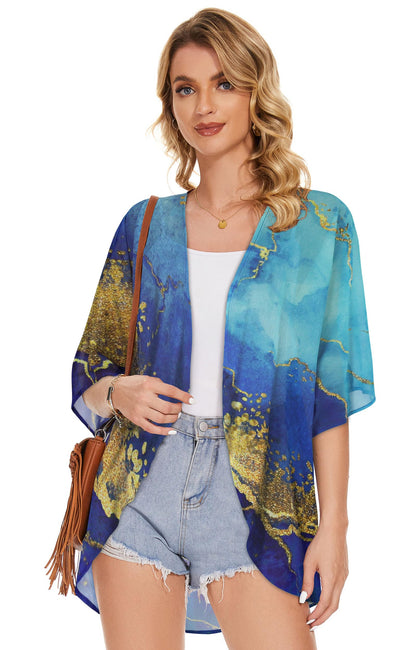 Women's Floral Print Puff Sleeve Kimono Cardigan Loose Cover Up Casual Blouse Tops