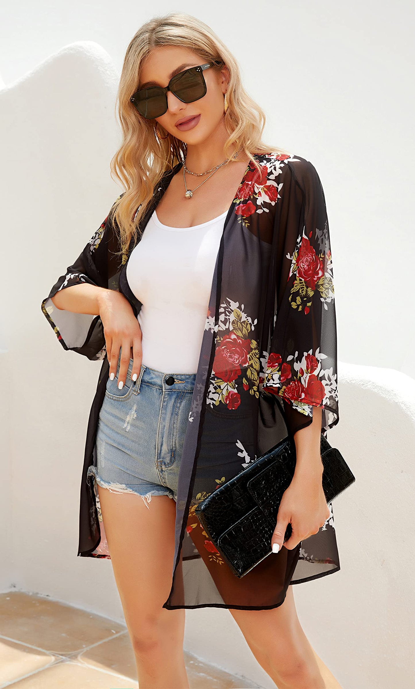 Women's Floral Print Puff Sleeve Kimono Cardigan Loose Cover Up Casual Blouse Tops