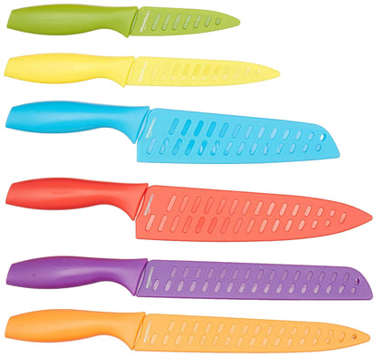 Amazon Basics Color-Coded Kitchen 12-Piece Knife Set, 6 Knives with 6 Blade Guards, Multicolor, 13.88 x 4.13 x 1.38 inch