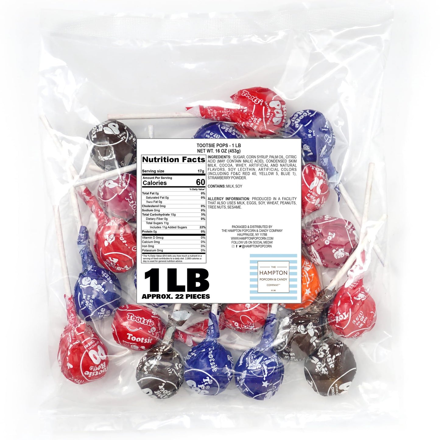 Tootsie Roll Pops with Chocolate Tootsie Roll Center, 1lb Bulk Bag (Approx 22 Count), Original Assorted Fruit Flavors, The Hampton Popcorn & Candy Company