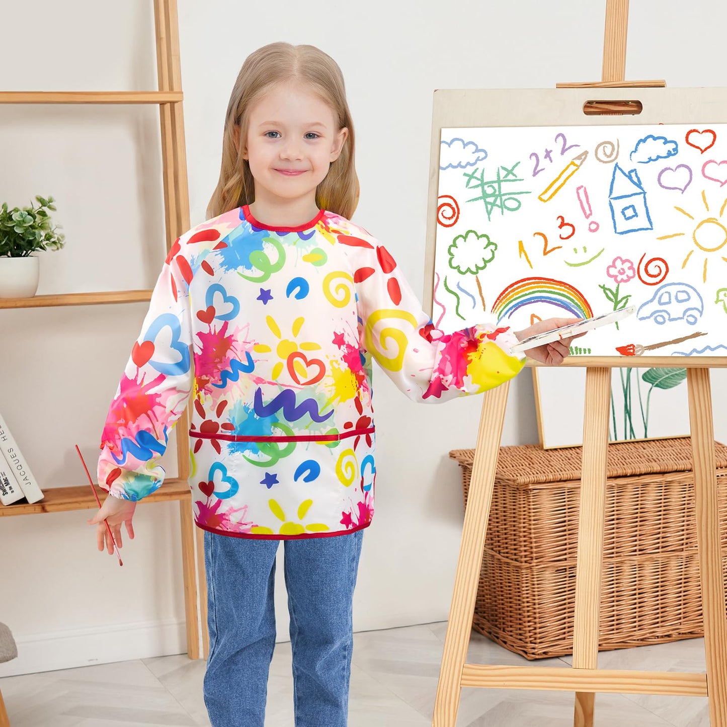 WERNNSAI Kids Art Smock - Kids Painting Aprons for Girls Waterproof Toddler Smock Painting with Long Sleeve 3 Pockets