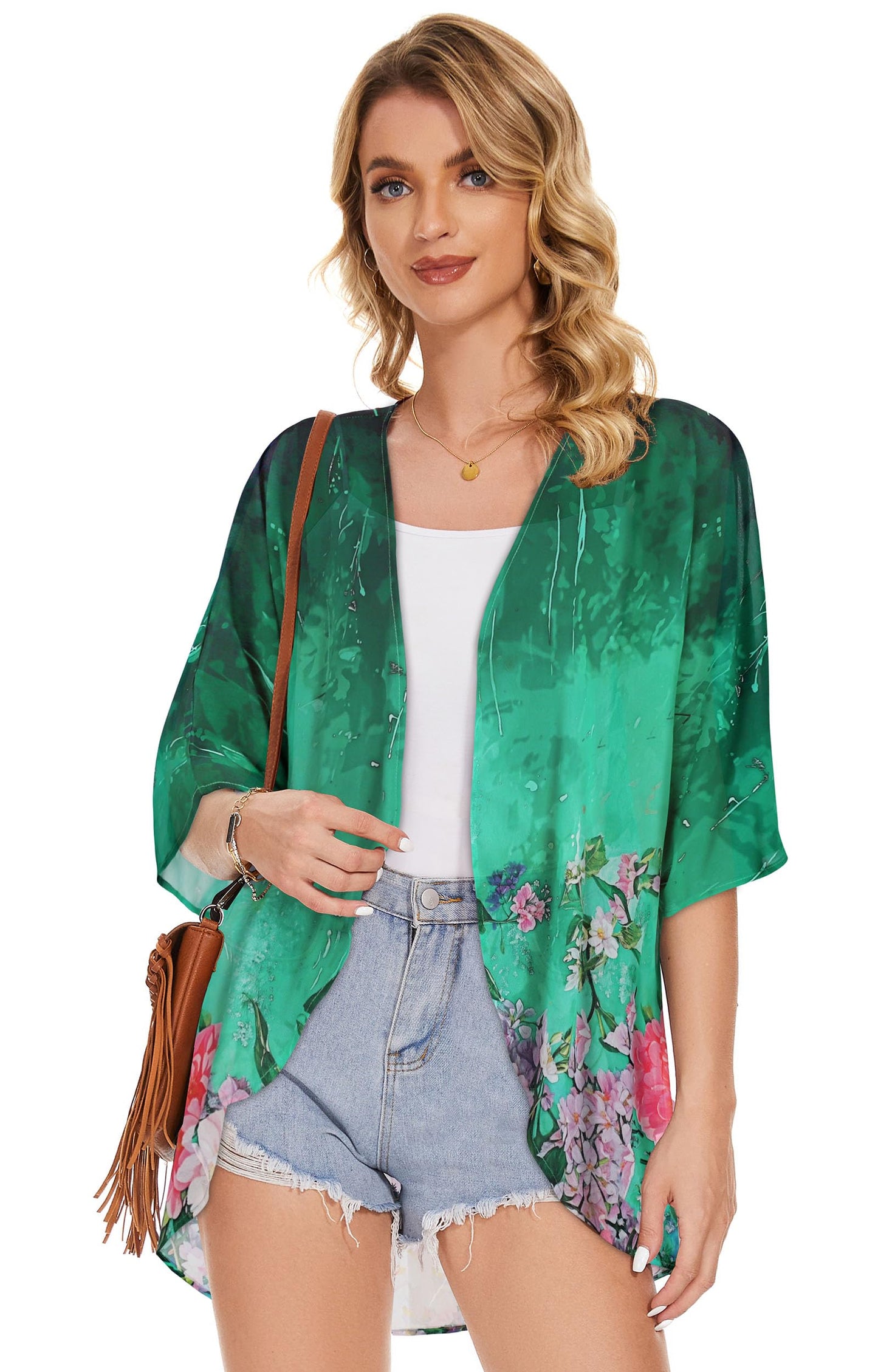 Women's Floral Print Puff Sleeve Kimono Cardigan Loose Cover Up Casual Blouse Tops