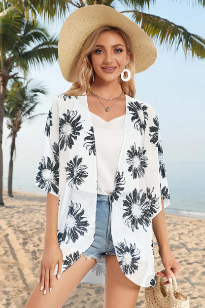 Women's Floral Print Puff Sleeve Kimono Cardigan Loose Cover Up Casual Blouse Tops