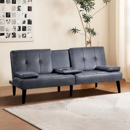 COLAMY Futon Sofa Bed-Leather Small Futon Couch, Futon Lounge Sofa, Futon Convertible with Cup Holder, Removable Armrest, Adjustable Backrest Darkgrey