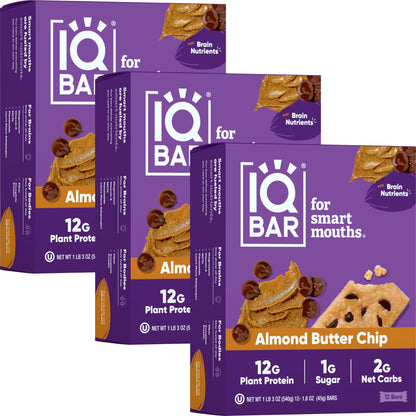 IQBAR Brain and Body Plant Protein Bars - Almond Butter Chip - 12 Count, Low Carb, High Fiber, Gluten Free, Vegan Snacks - Low Sugar Keto Energy Bars