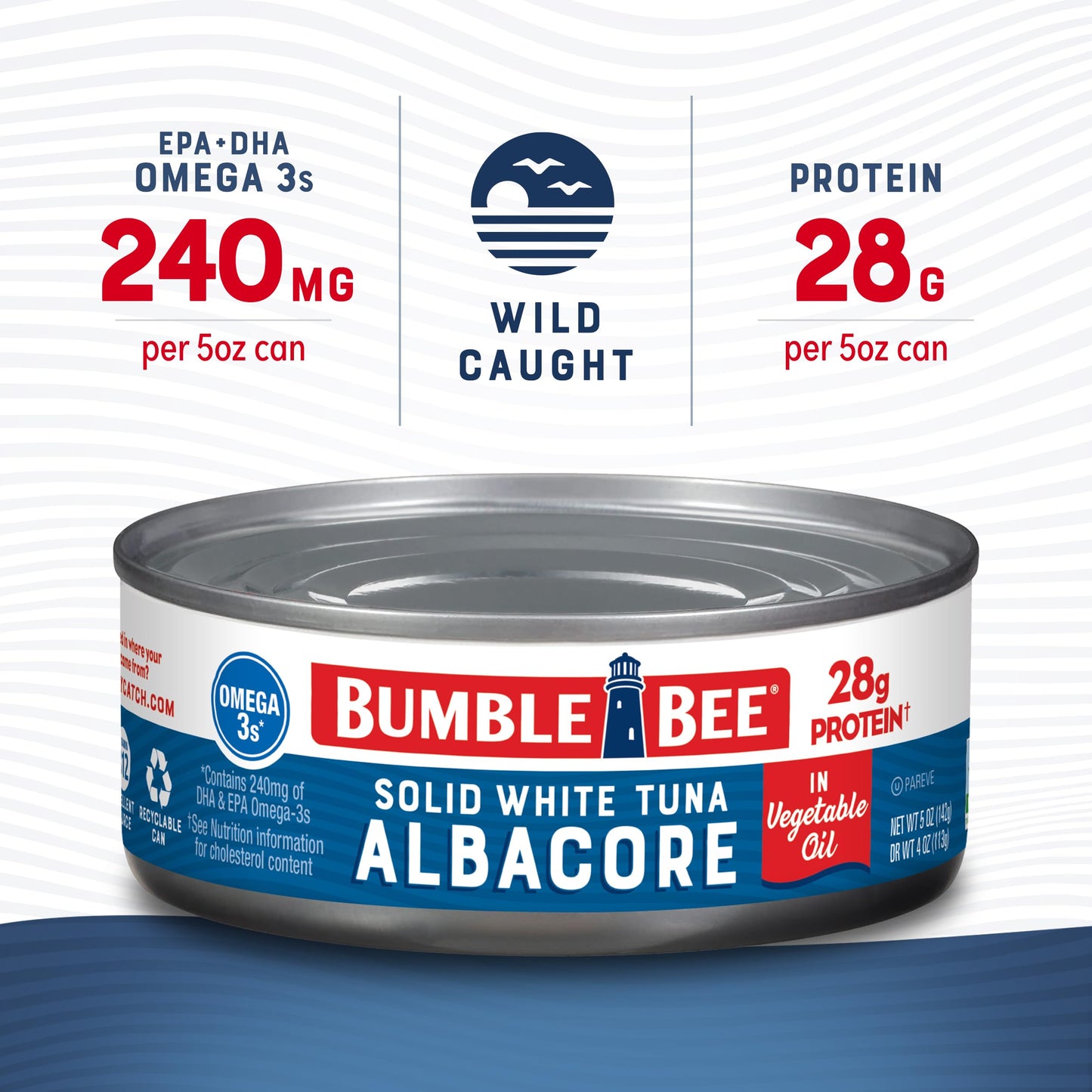 Bumble Bee Solid White Albacore Tuna in Water, 5 oz Can (Pack of 8) - Wild Caught Tuna - 29g Protein per Serving, High in Omega-3s - Non-GMO Project Verified, Gluten Free, Kosher