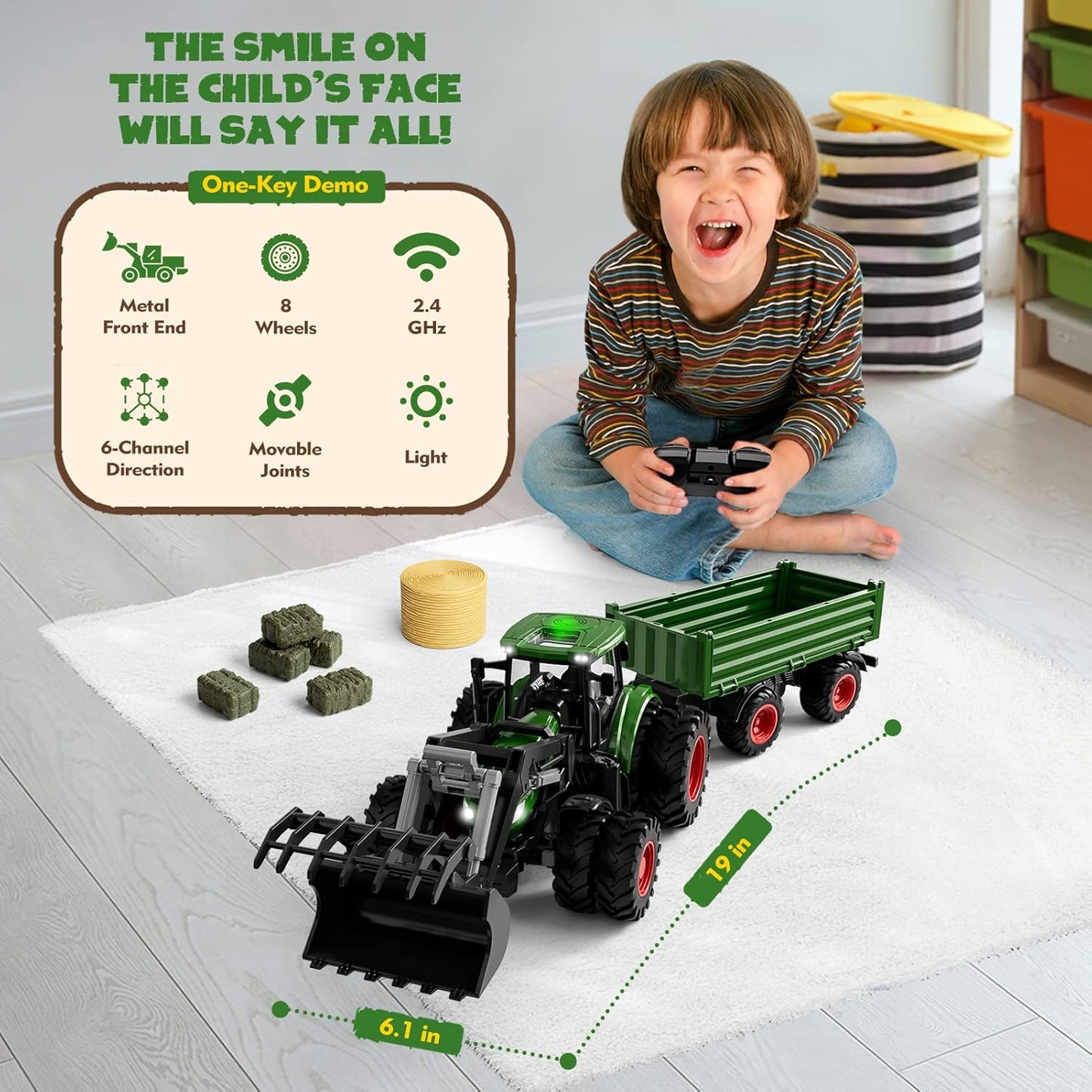 Remote Control Tractor Toy, Kids RC Tractor Set & Truck and Trailer Front Loader - Metal Car Head/8 Wheel/Light, Toddlers Farm Vehicle Toys for 3 4 5 6 7 8 9 Year Old Boys Girls Birthday Gift