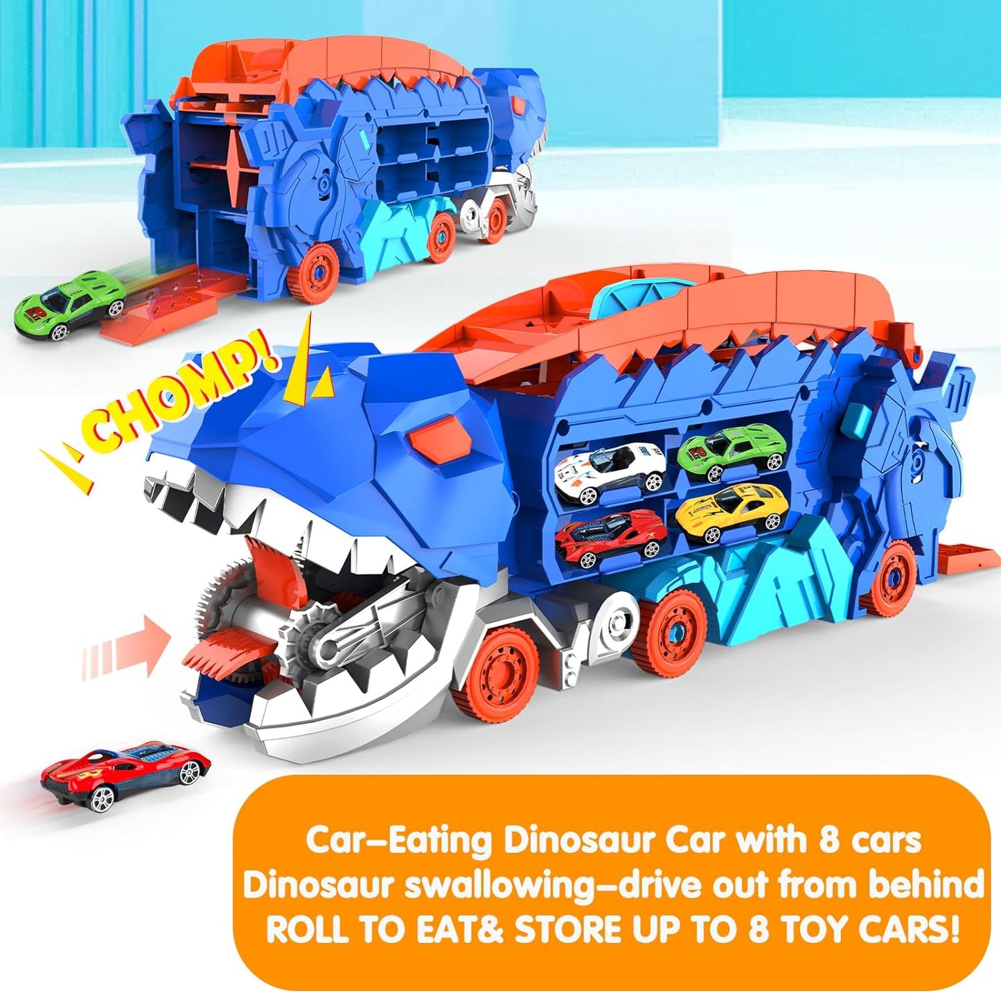 Transport Dinosaur Truck with City Ultimate Hauler Race Track, Transforms into Stomping Standing Trex Dinosaurs Toddler Toys Unique Gifts for Kid age 2 3 4 5 6 7 8 Year Olds ( 8 Die-Cast Race Cars)