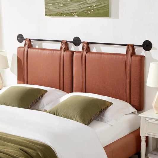 Wall Mounted Headboard Queen with Brown Faux Leather Straps, Faux Leather Upholstered Headboard with Adjustable Heigh Headboard, Queen Headboard with Metal Bar for Dining Room, Bedroom, Brown