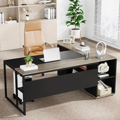 Tribesigns 71 inch Executive Desk, L Shaped Desk with Cabinet Storage, Executive Office Desk with Shelves, Business Furniture Desk Workstation for Home Office, Gray