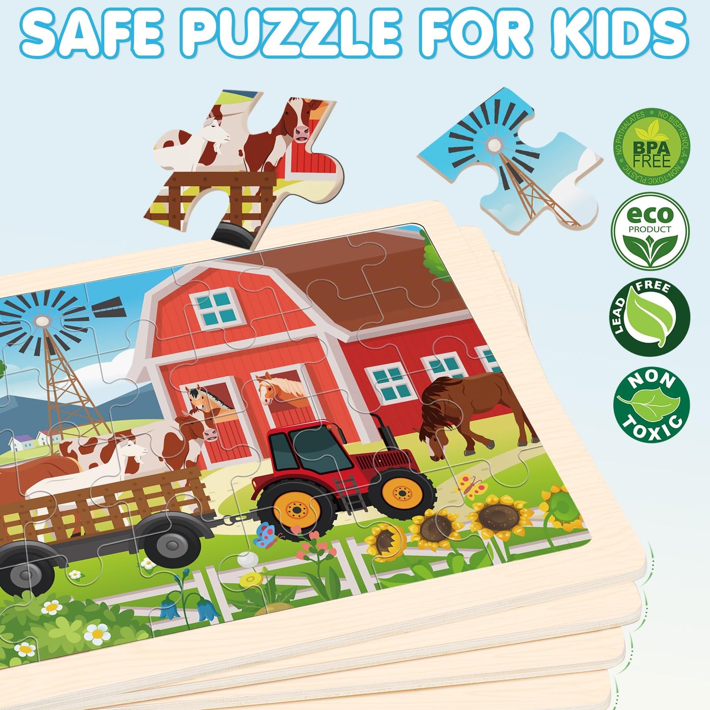 4-in-1 Farm Wooden Puzzles for Kids Ages 4-6, 24 PCS Wooden Jigsaw Puzzles for Toddlers Ages 2-4, Preschool Educational Puzzles Boards Toys Gifts for 3 4 5 6 Boys Girls