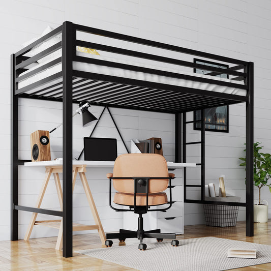 SHA CERLIN Junior Loft Bed Twin Size, Heavy Duty Twin Bed Frame with Full-Length Guardrail & Removable Stairs, Noise-Free, Space-Saving, No Box Spring Needed, Black